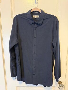 Express Men's Navy Microdot Long Sleeve Dress Shirt